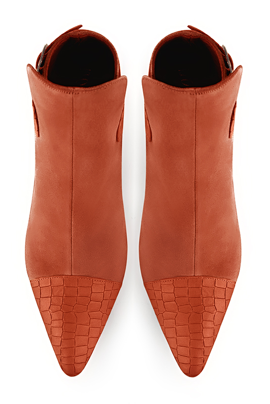 Terracotta orange women's ankle boots with buckles at the back. Tapered toe. Medium block heels. Top view - Florence KOOIJMAN